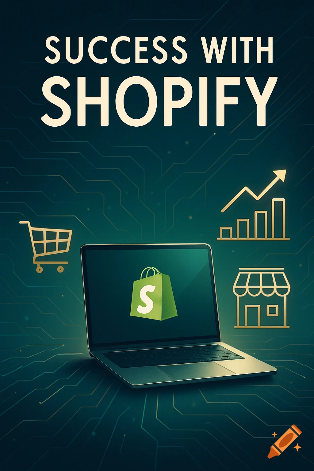 A laptop displaying a Shopify shopping bag, surrounded by gold icons of a shopping cart, a store, and an upward trending graph, with text "SUCCESS WITH SHOPIFY".