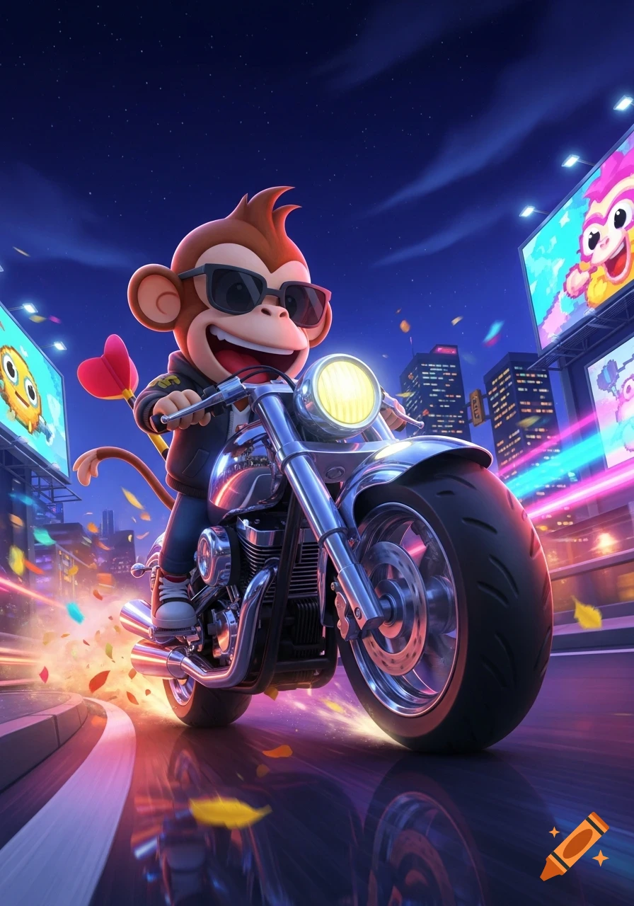 A cool cartoon monkey wearing sunglasses and a jacket rides a chrome motorcycle at night in a city street with neon lights and confetti.