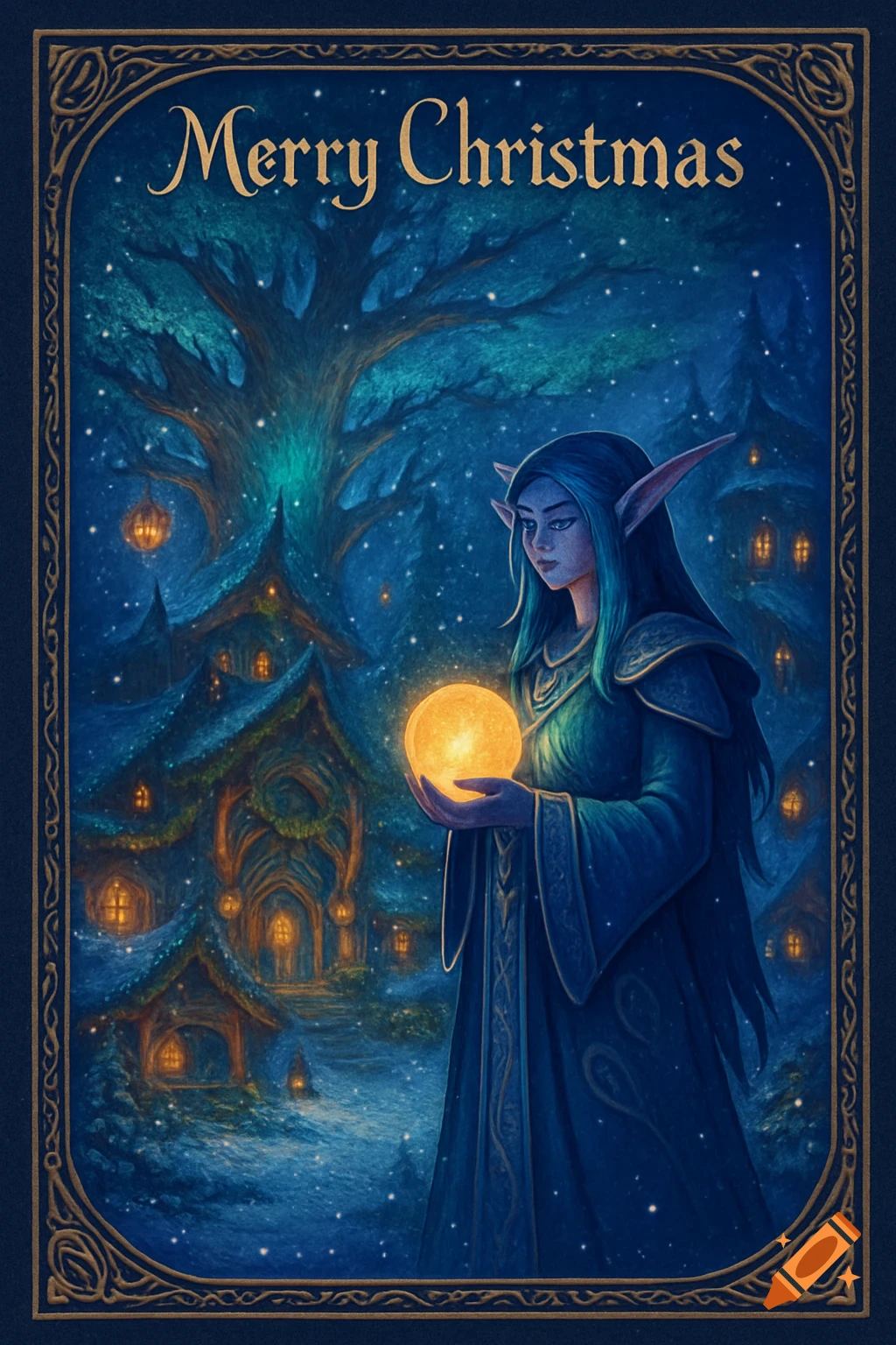A fantasy illustration of a night elf woman holding a glowing orb in a snowy village at night, with "Merry Christmas" text.