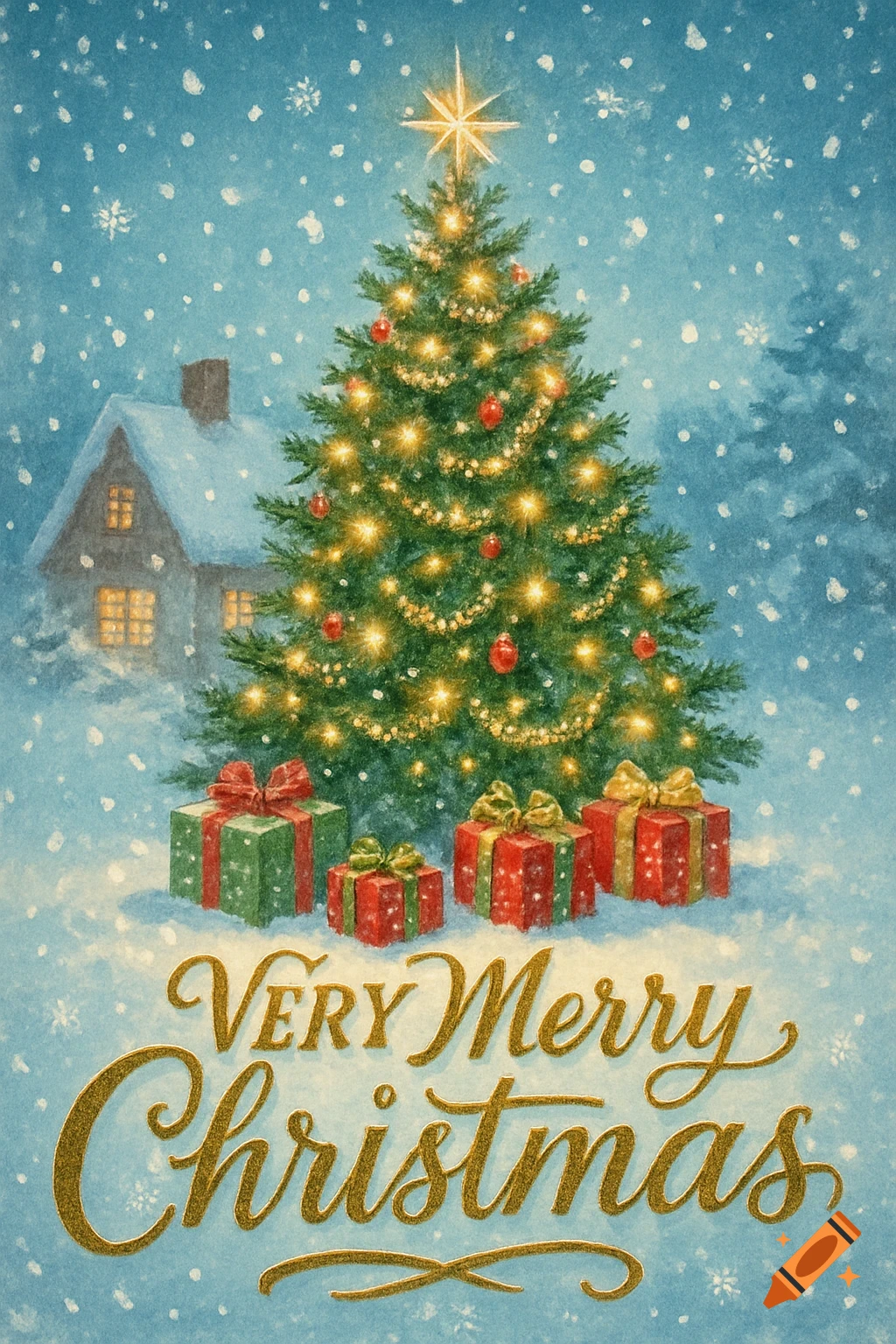 A snowy winter scene with a decorated Christmas tree, wrapped gifts, a cozy house, and "VERY Merry Christmas" text.