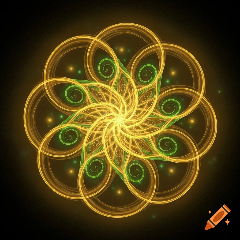 A glowing circular fractal pattern in gold and green, resembling a blooming flower or spiraling seed, on a dark background.