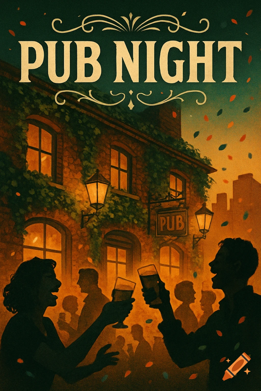 Stylized illustration of a pub building at night, with 'PUB NIGHT' text, and silhouetted people toasting with drinks.