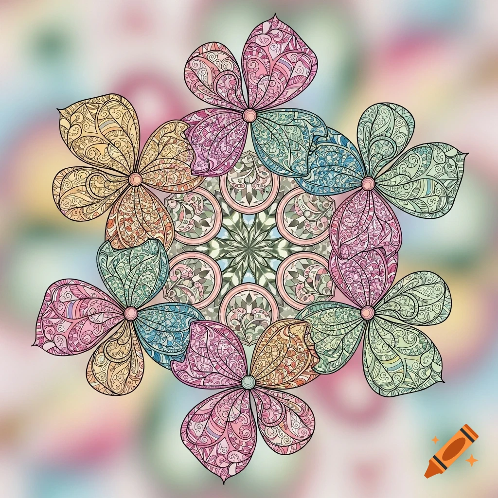 A colorful mandala art piece featuring floral shapes with intricate zentangle-style patterns against a blurred pastel background.