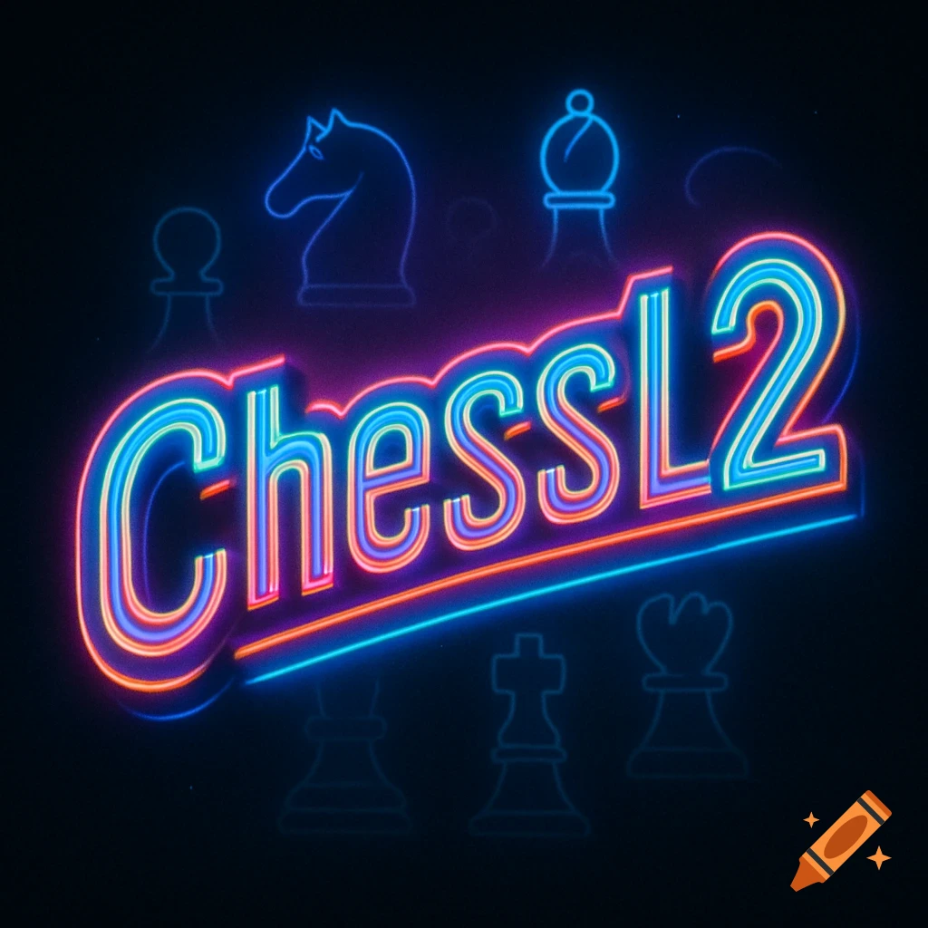 A vibrant neon sign for 'ChessL2' featuring glowing chess piece outlines on a dark background in a 70s style.