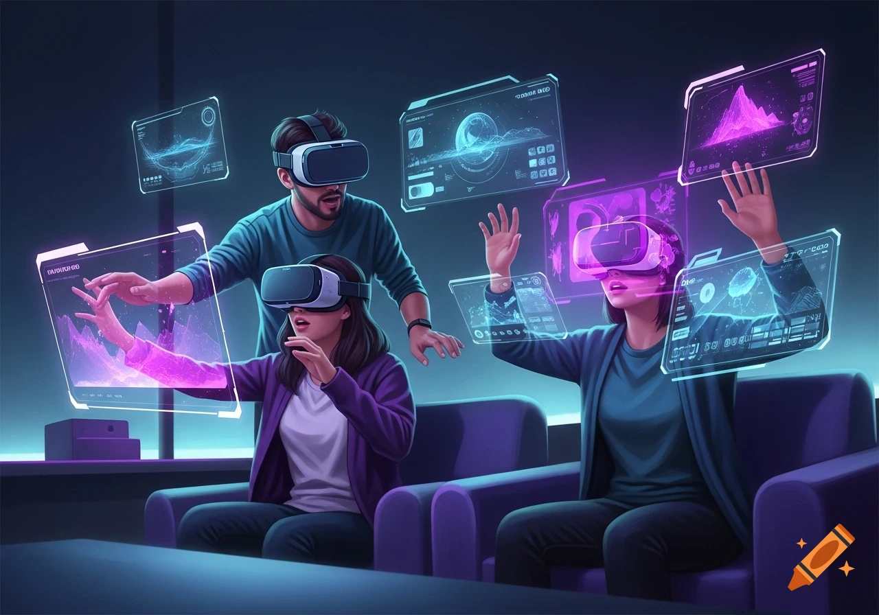 Three people in VR headsets interact with floating holographic screens in a dark, futuristic setting with blue and purple lighting.
