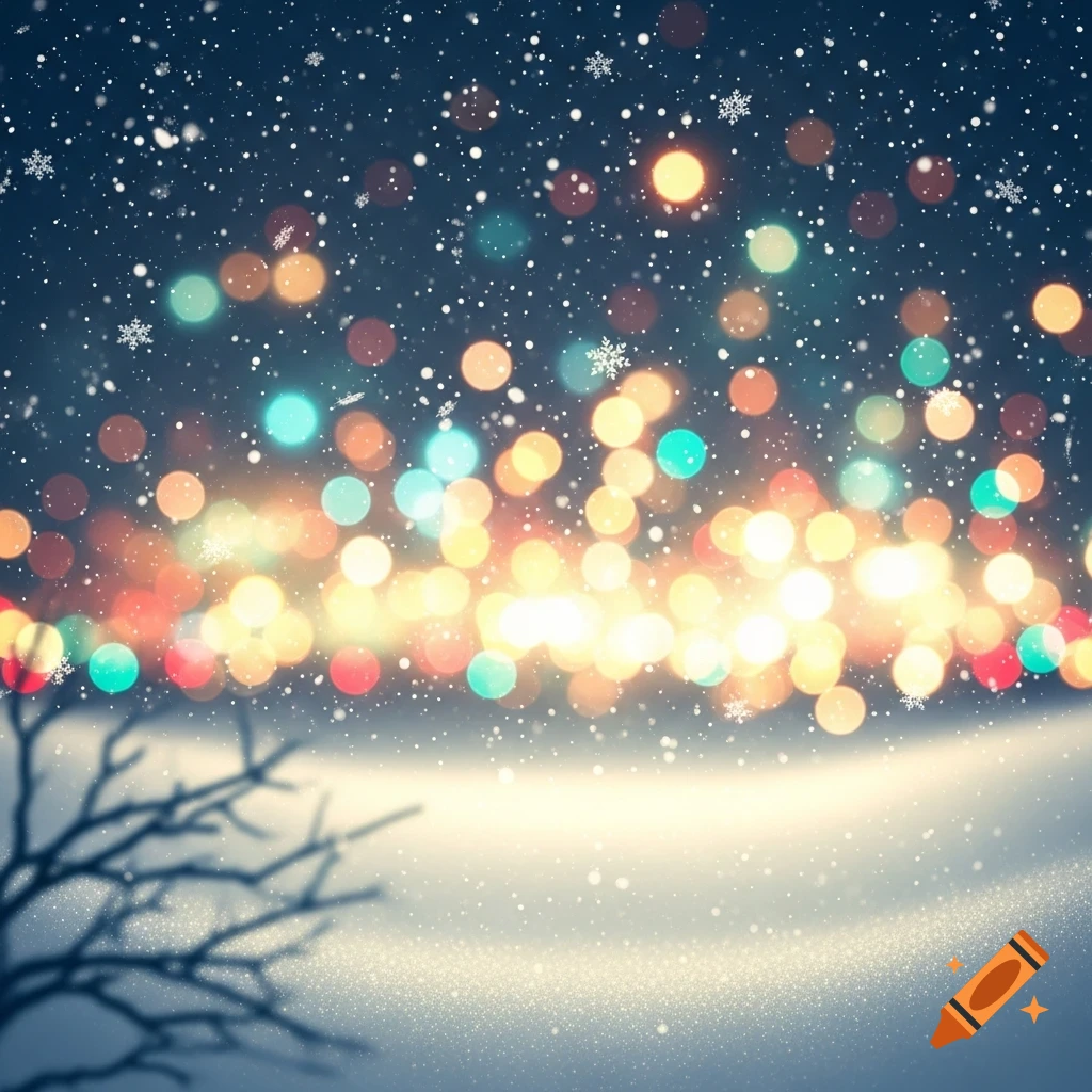 Blurred colorful lights and falling snow create a festive winter background, with a dark tree branch in the foreground.
