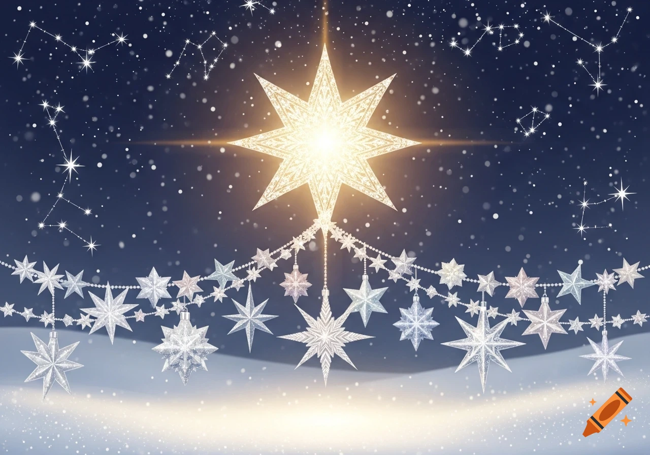 A delicate digital drawing of a festive winter night sky with a large shining star, constellations, falling snow, and garlands of decorative stars.