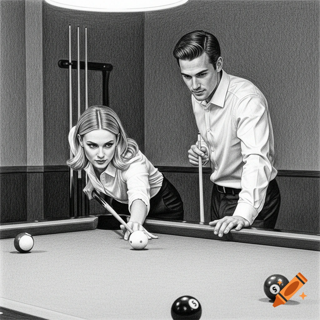 Black and white pencil drawing of a man and a woman playing billiards, focused on the woman lining up a shot.