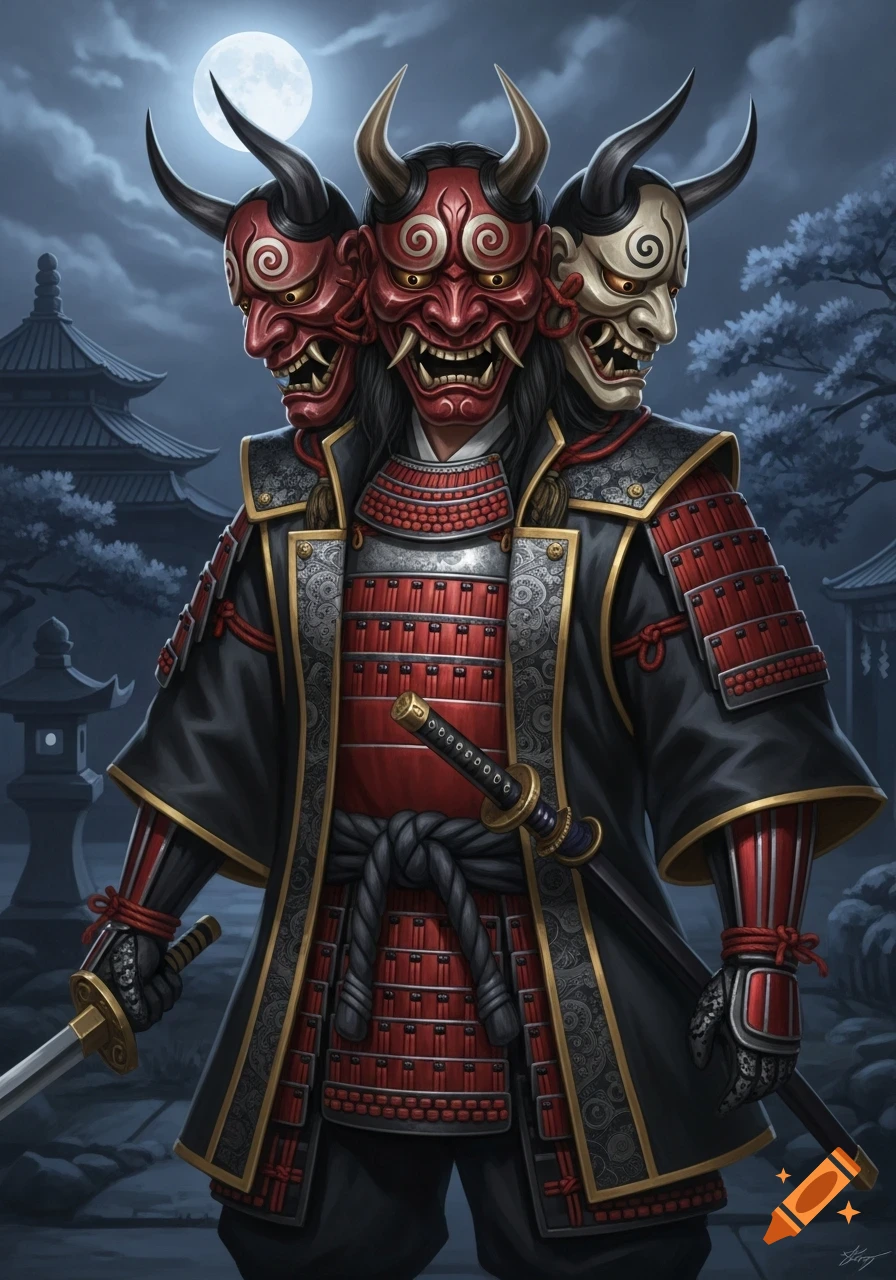 A man in ornate samurai armor with three horned, fierce red and white Oni masks, stands under a full moon with Japanese temples in the background.
