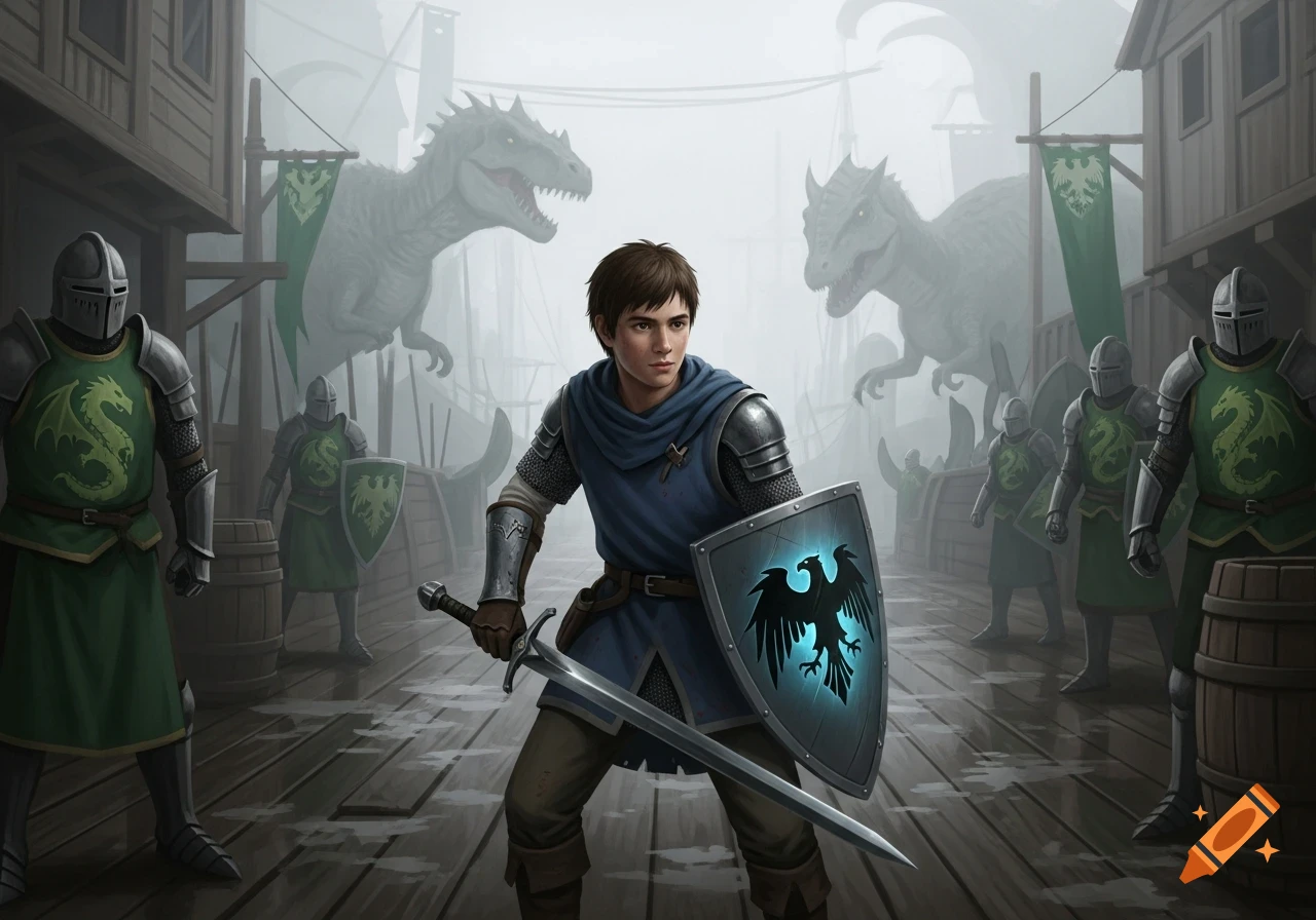 A young man in blue armor holds a sword and glowing falcon shield, standing among knights in green dragon armor and large dinosaurs in a foggy harbor.