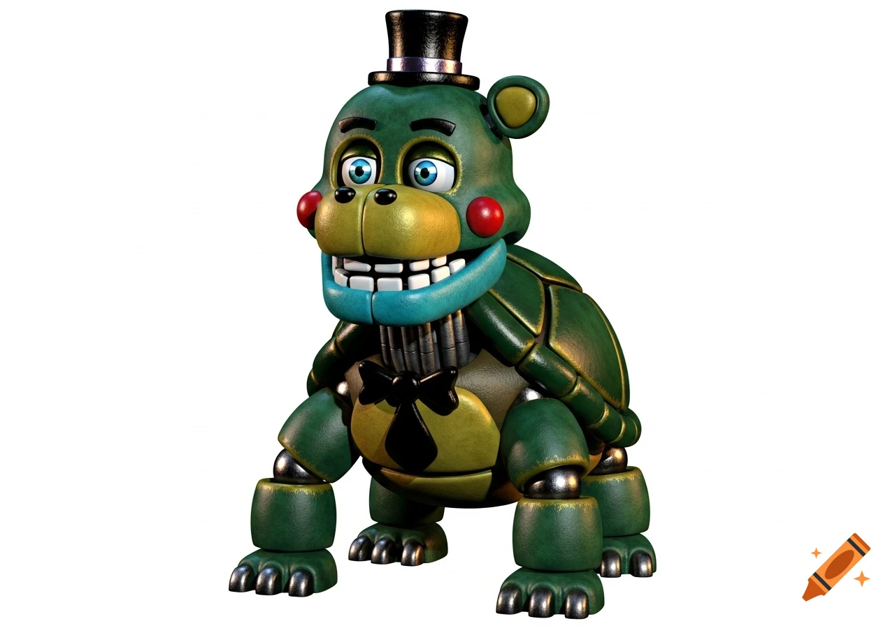 3D render of a green animatronic tortoise from Five Nights at Freddy's, wearing a top hat and bow tie, with a segmented shell and exposed metallic joints.
