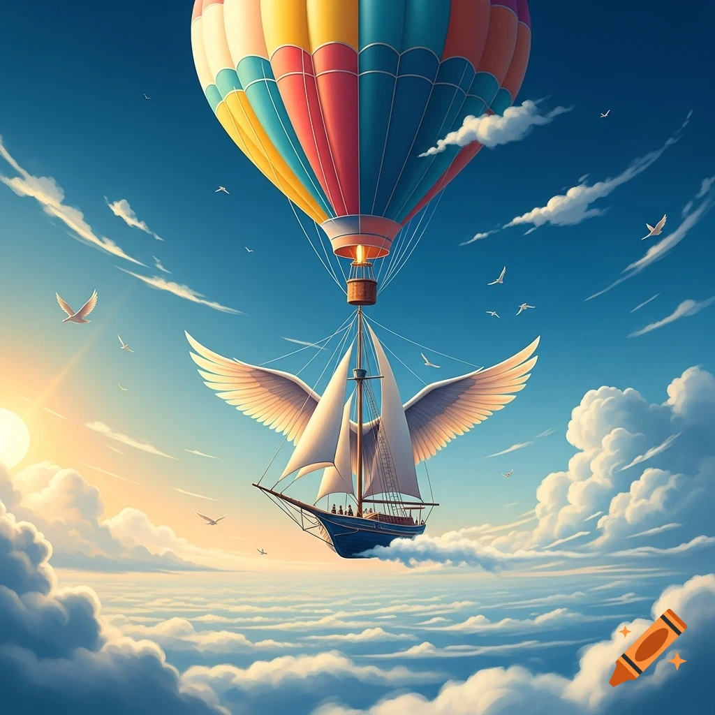 A colorful hot air balloon lifts a winged sailboat through a vibrant, cloudy sky with birds and a setting sun, in an illustrative style.