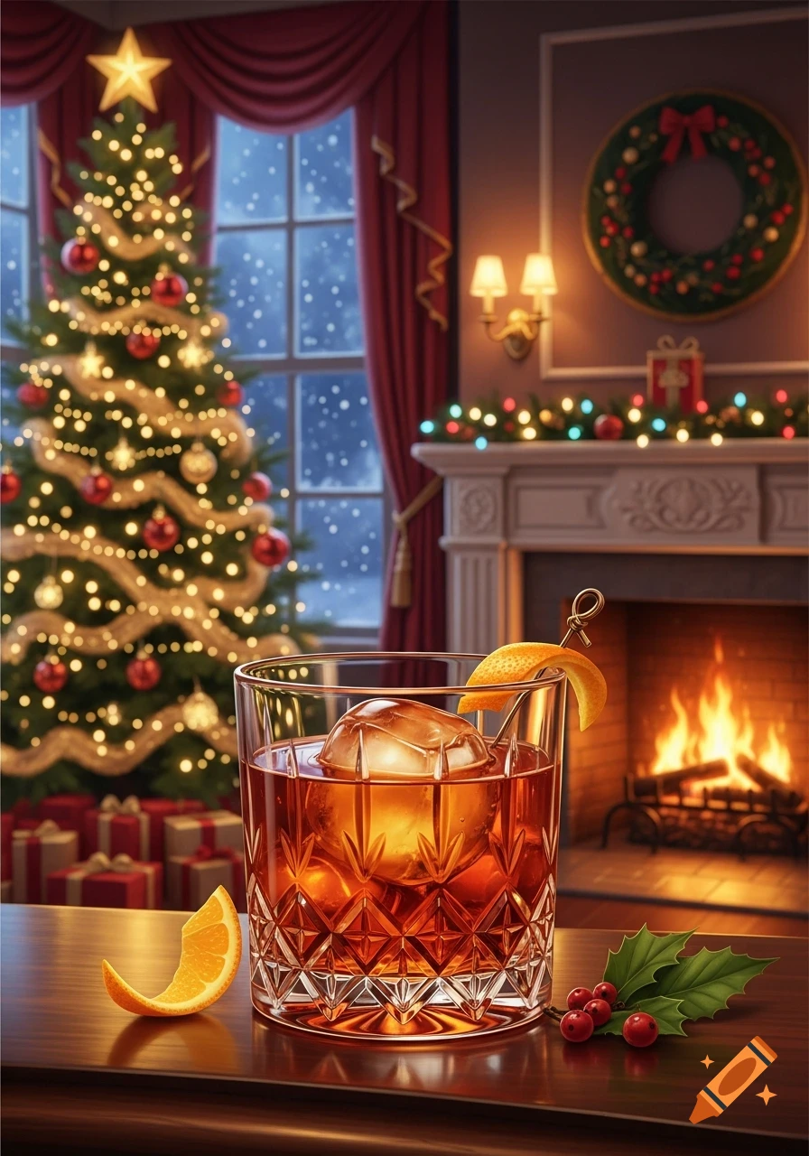 An Old Fashioned cocktail with orange garnish and ice cube on a table, set against a blurred Christmas tree and fireplace.
