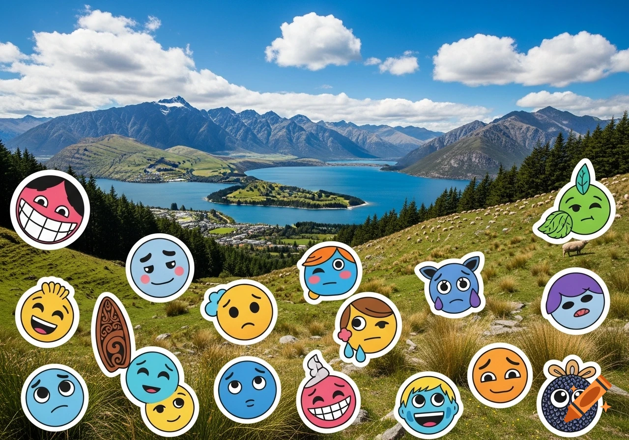 A scenic New Zealand landscape with mountains and a lake, overlaid with numerous colorful cartoon emoji-like stickers.
