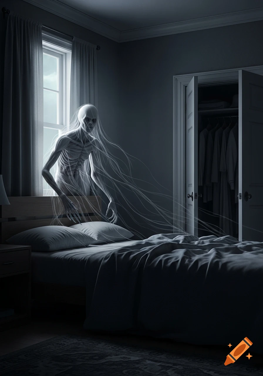 A pale, skeletal, wispy figure with dark eyes stands at the foot of a bed in a dark bedroom, illuminated by light from a window.