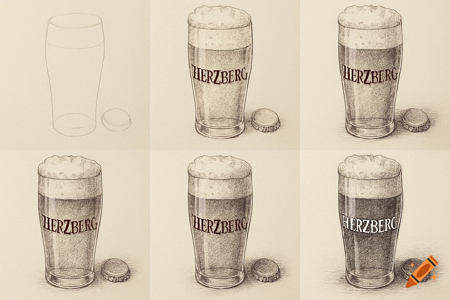 A six-panel step-by-step pencil drawing tutorial showing how to draw a beer glass with 'HERZBERG' label, beer, foam, and a bottle cap.