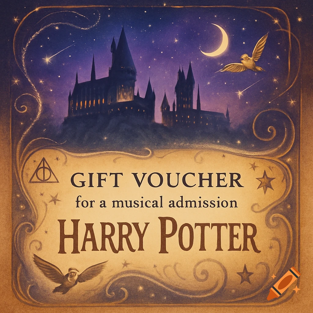 Magical Harry Potter gift voucher with Hogwarts castle under a starry night sky, a crescent moon, and flying owls.