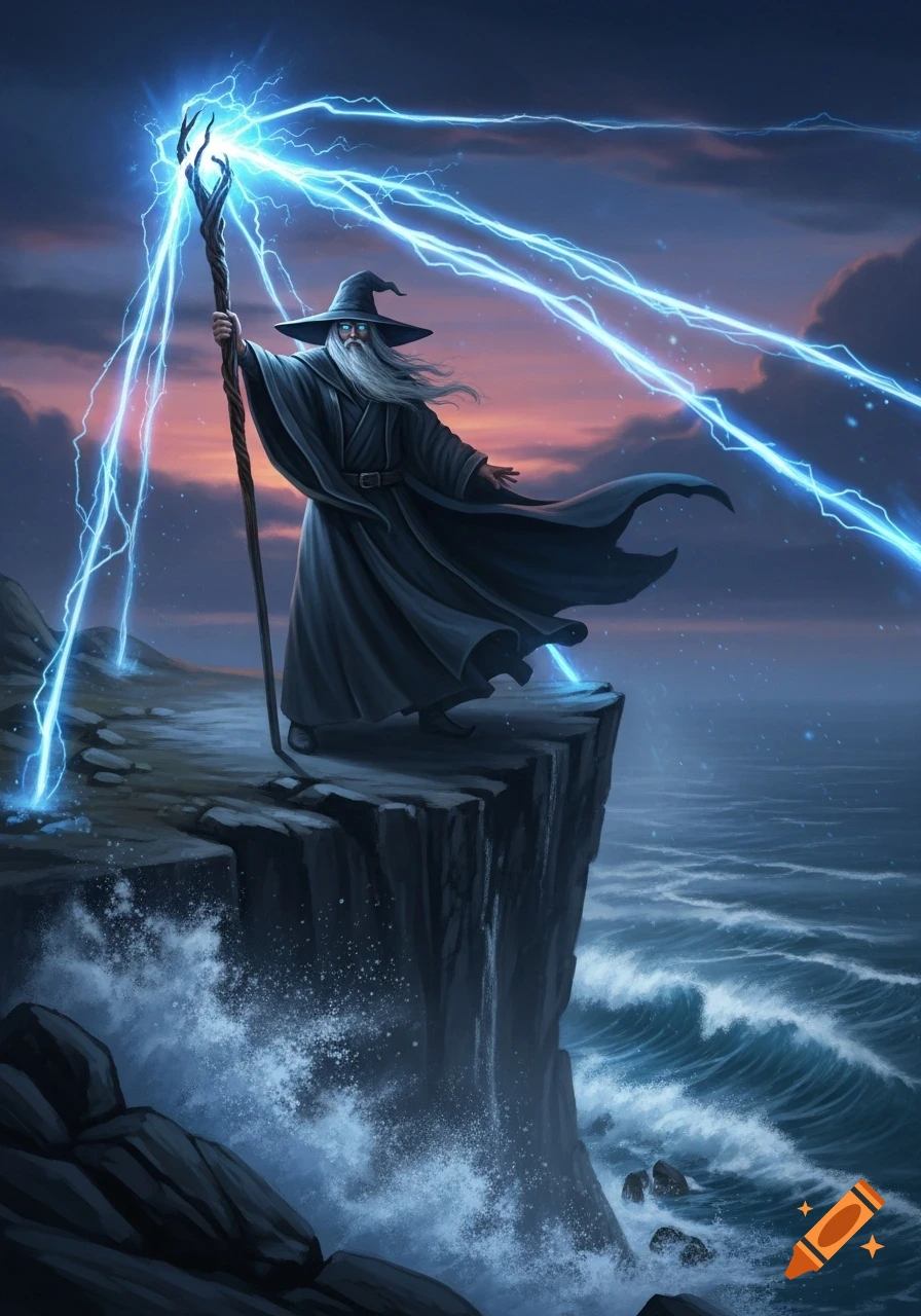 A grey-bearded wizard in a dark robe and pointed hat stands on a cliff, casting brilliant blue lightning from his staff into the stormy sky and ocean below.