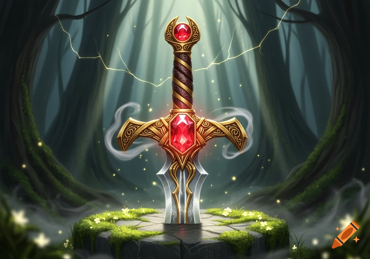 A stylized magical sword with a large ruby gem and golden hilt, standing on a mossy stone pedestal in a mystical forest.