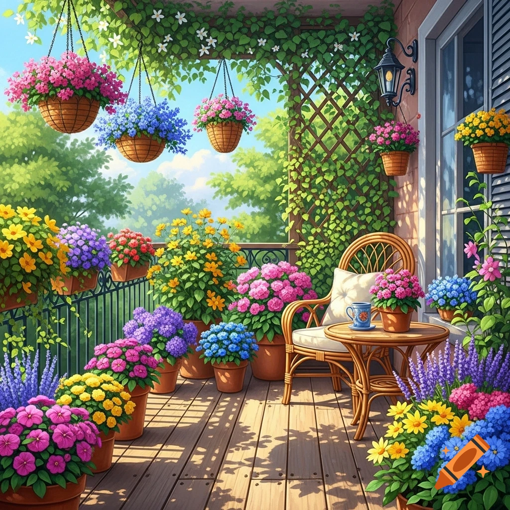 Sunny balcony overflowing with vibrant potted flowers and hanging baskets, with a wicker chair and table.