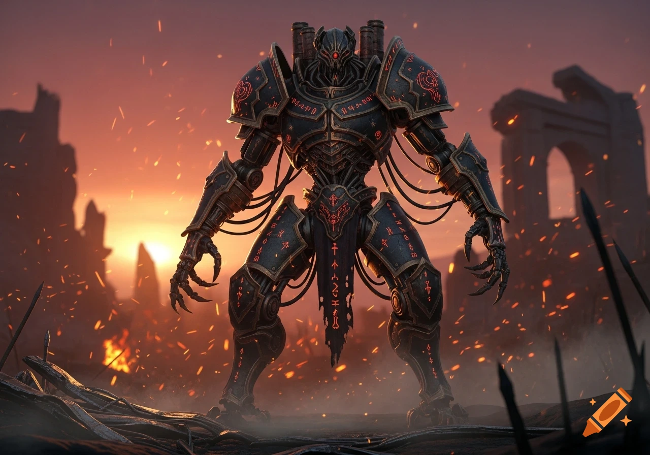 A menacing, dark armored mech with glowing red accents stands amidst fiery ruins at sunset.