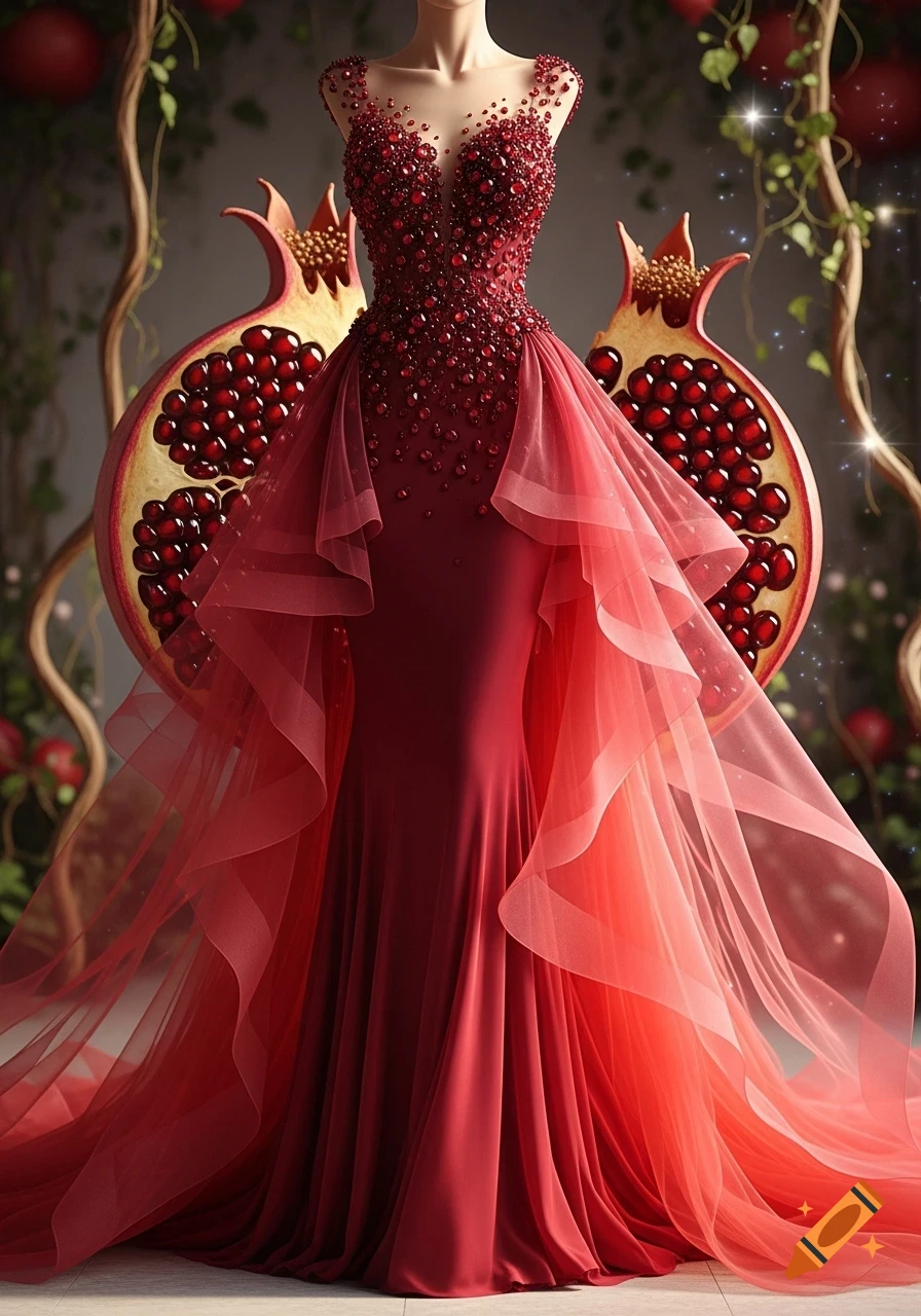A luxurious red formal gown adorned with ruby-like details and flowing layered fabric, set against large cut pomegranates and vines.