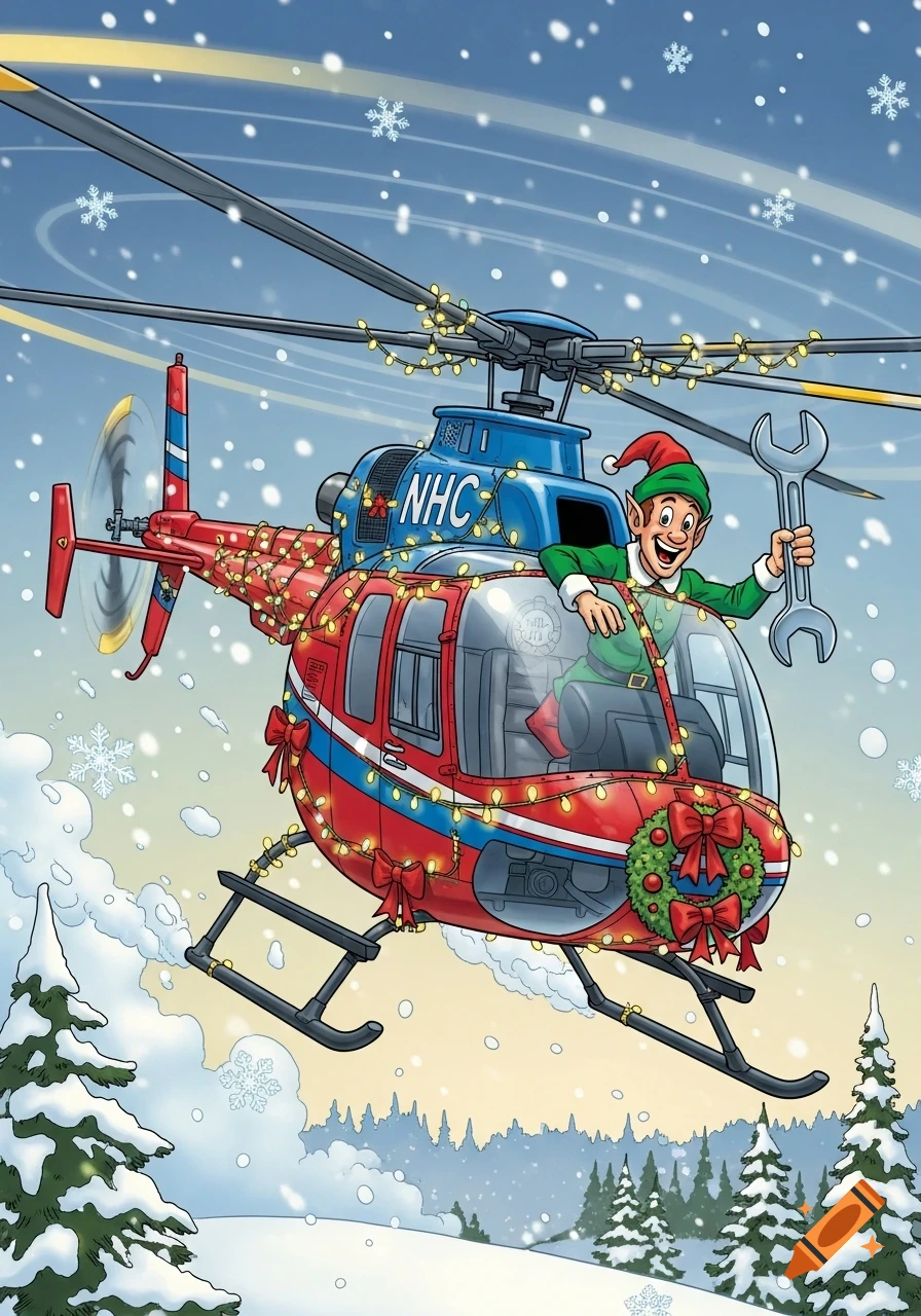 Cartoon Christmas helicopter with an elf holding a wrench, flying in a snowy sky over pine trees.