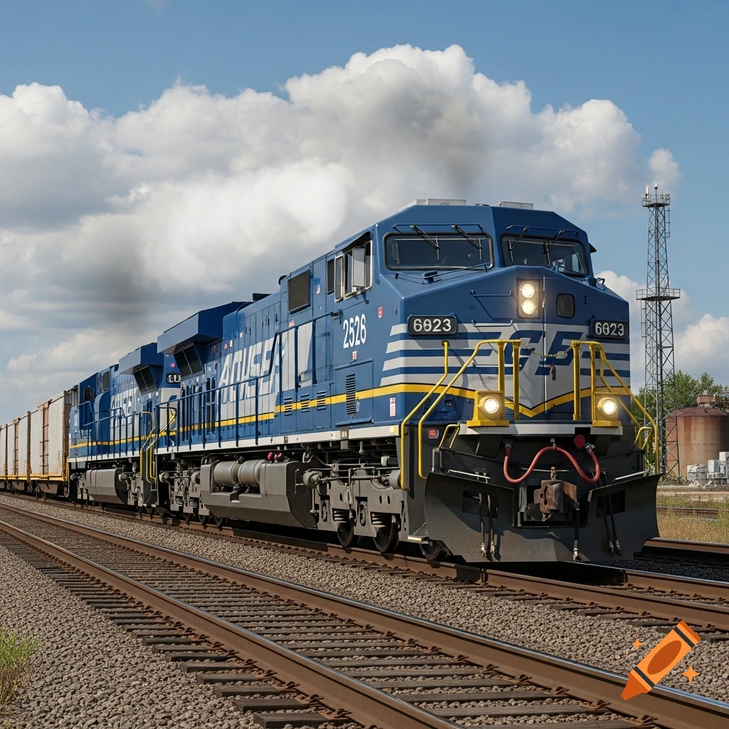 A large blue and yellow freight train travels on tracks under a cloudy blue sky, with industrial structures in the background. Photorealistic style.
