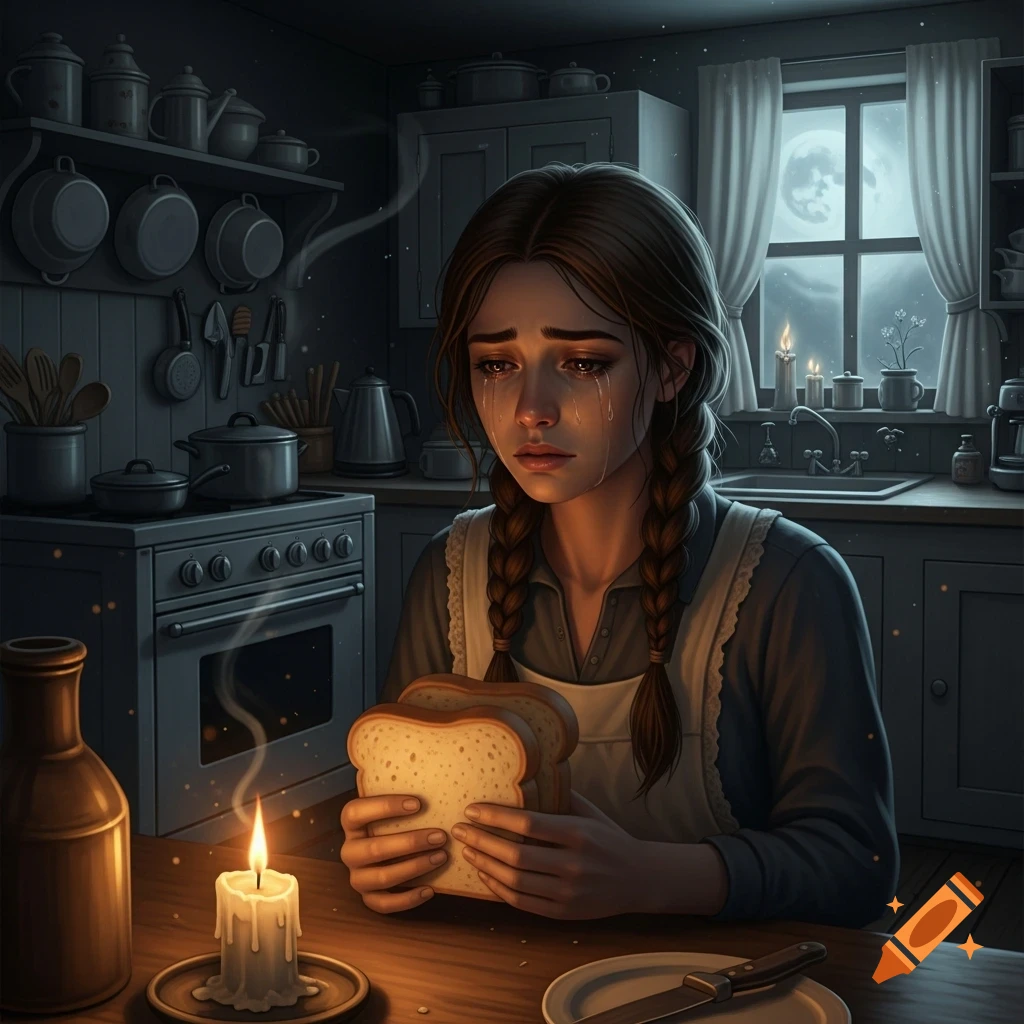 A crying woman with braided hair sits at a table in a dimly lit kitchen, holding two slices of bread by candlelight. A full moon shines outside a window.