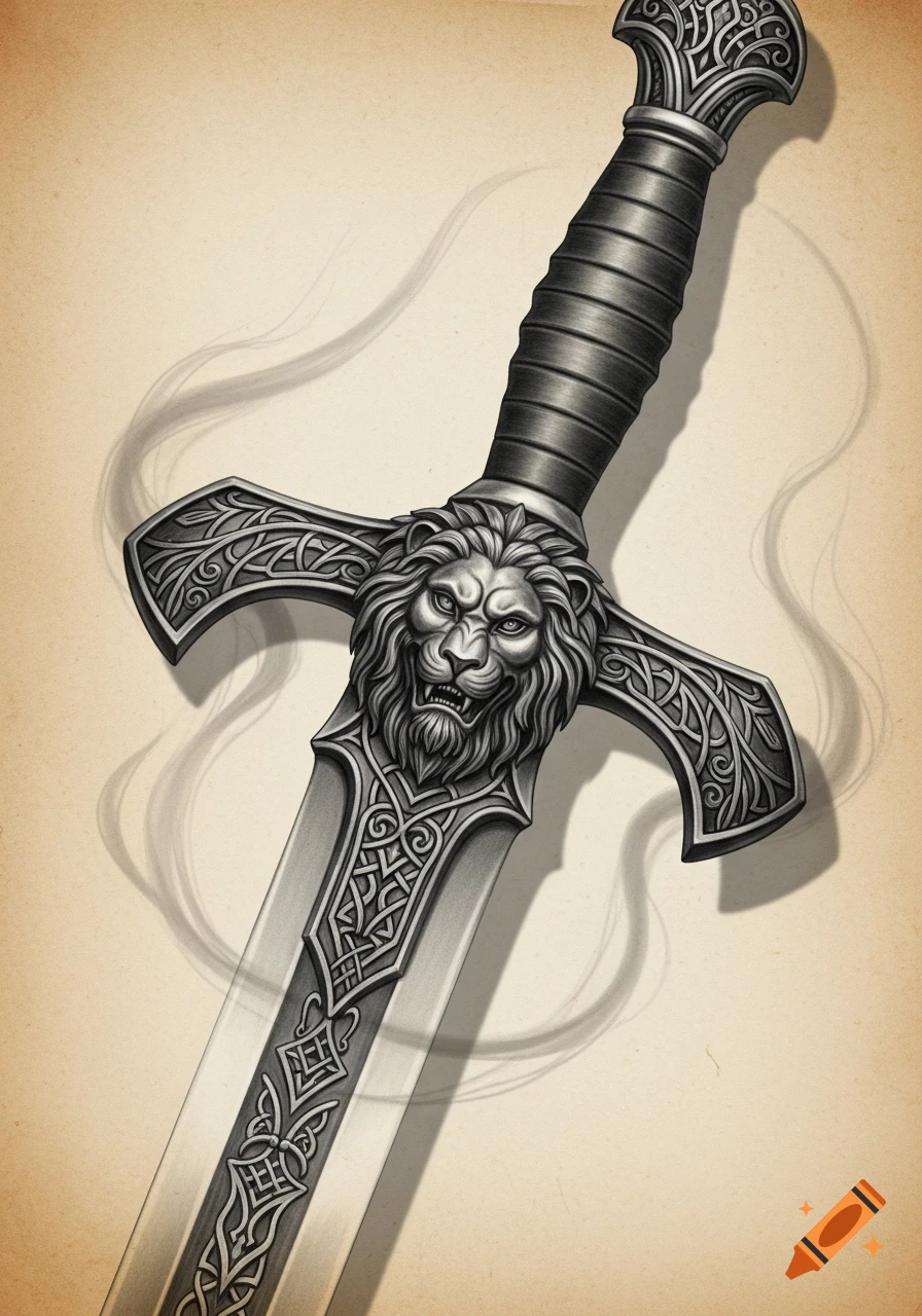 Graphite pencil drawing of a sword with a detailed lion's head on the handguard and intricate Celtic knot patterns.