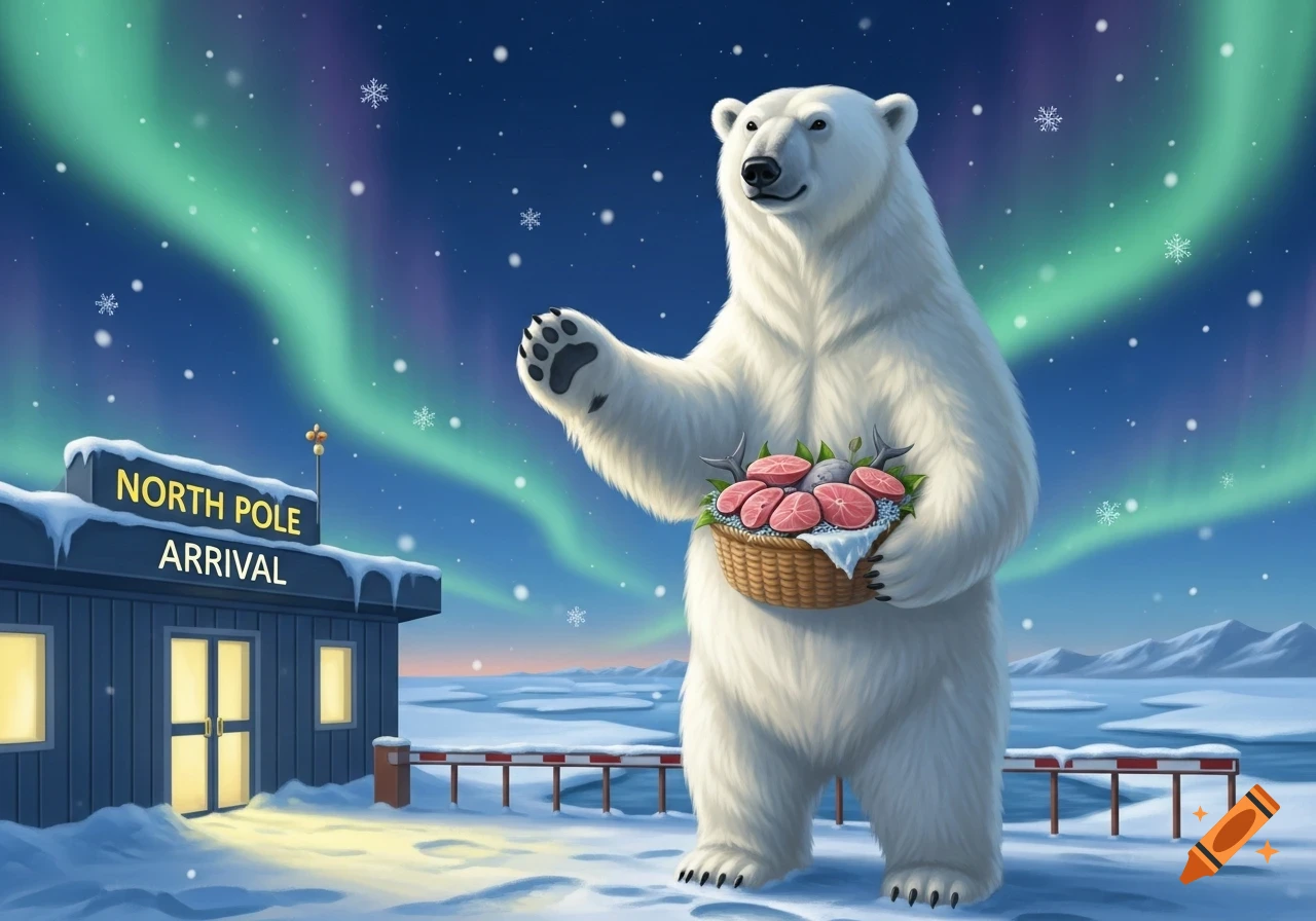 A friendly polar bear waves with a basket of whale meat, standing by an airport building under the aurora borealis.