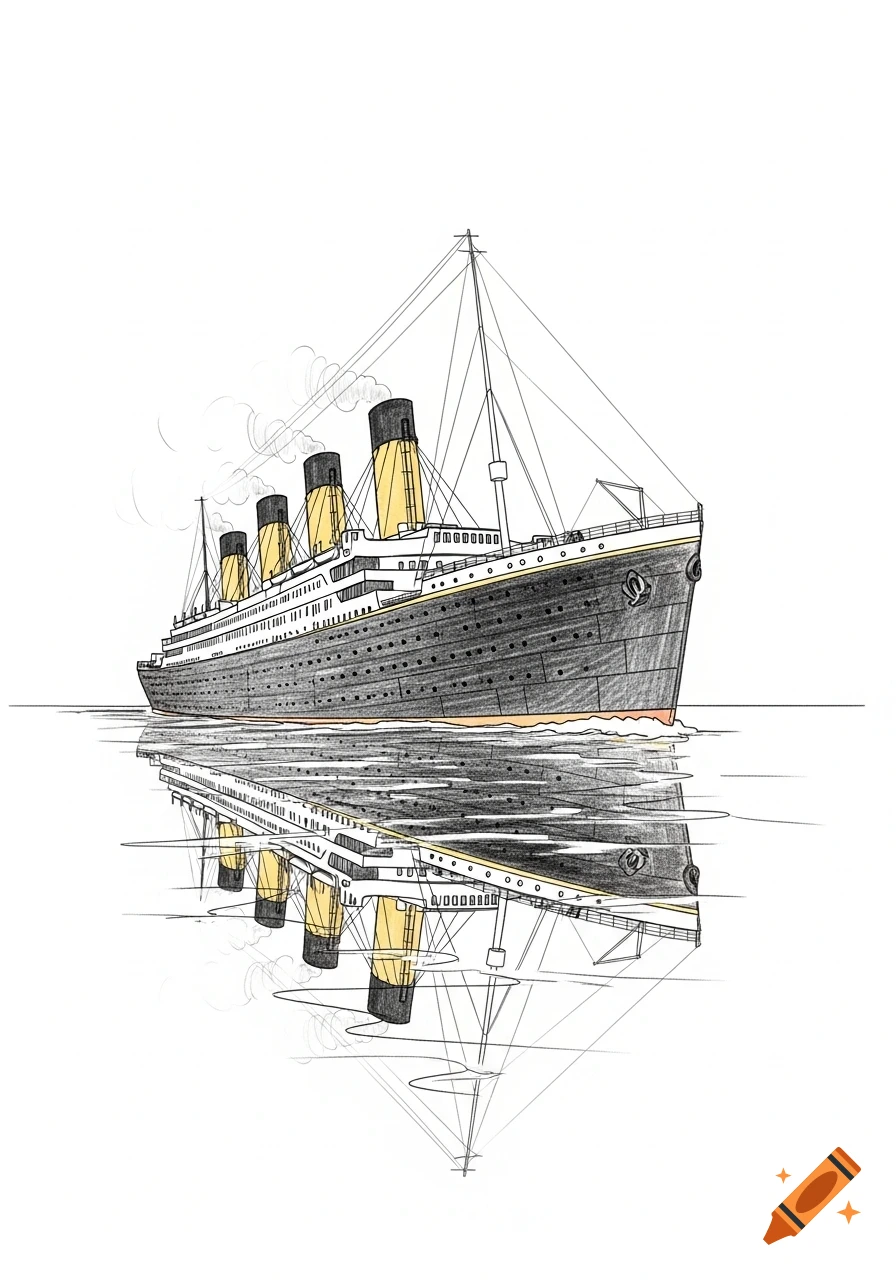 Hand-drawn sketch illustration of the Titanic ship with its reflection on the water.