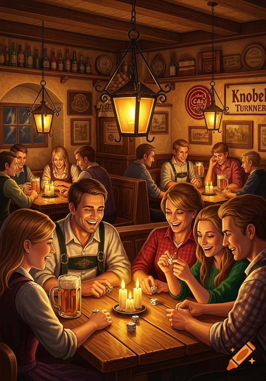 A lively group of men and women play dice and drink beer in a cozy, warmly lit German-style pub, smiling and laughing.
