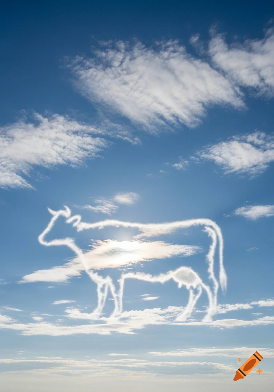 A bright blue sky with wispy white clouds, one subtly shaped like a cow.