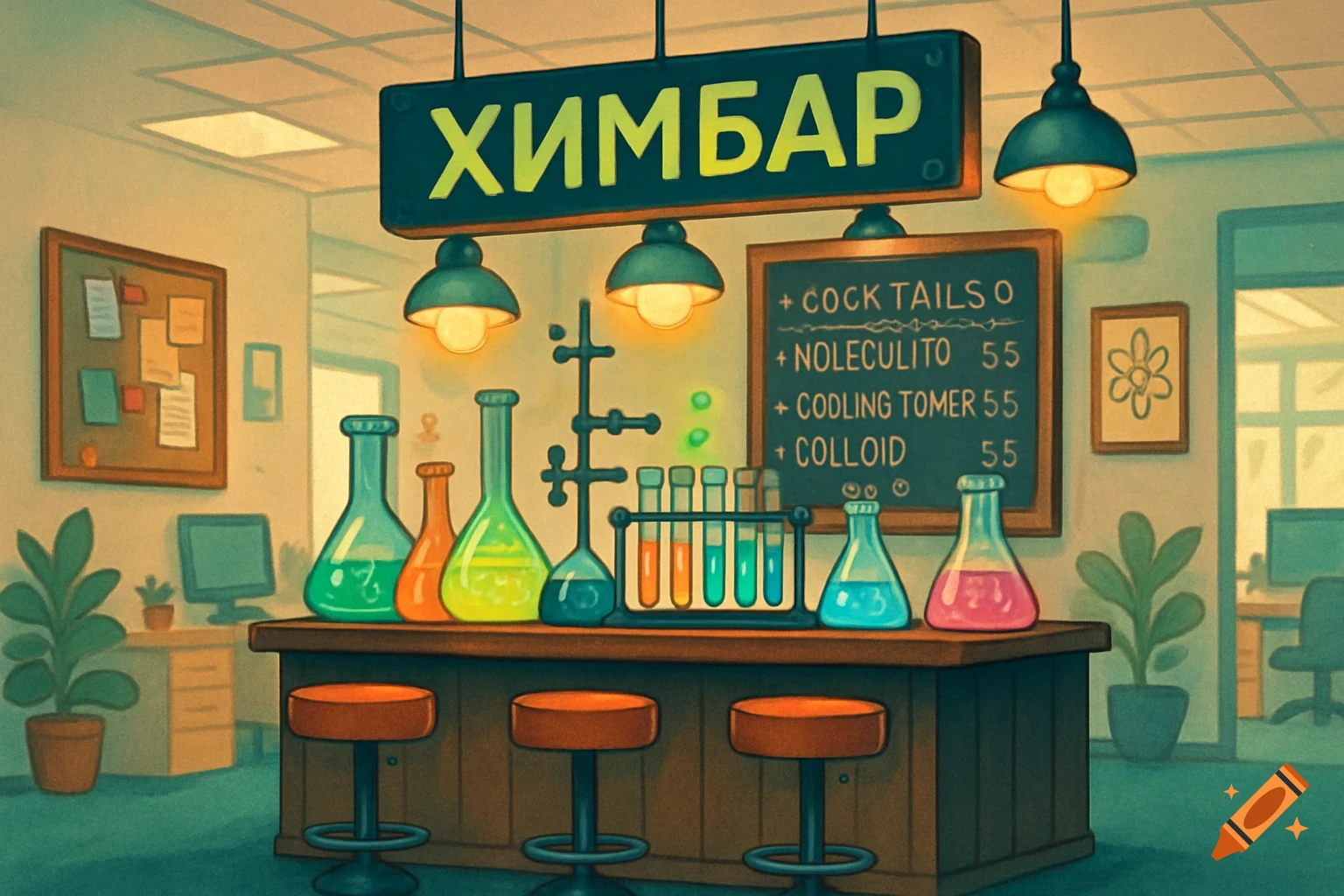 A cartoon illustration of a 'Chembar' with chemistry-themed drinks, featuring beakers and test tubes on a bar counter with stools in an office setting.