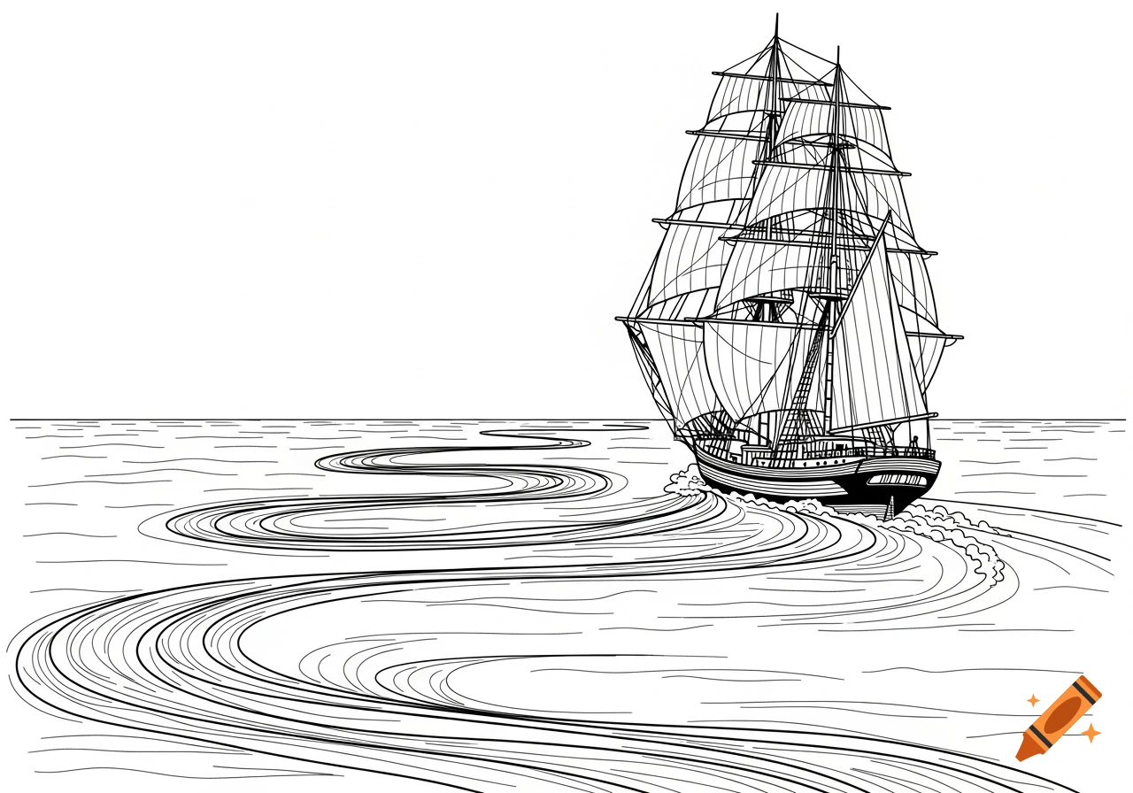 Black and white line art illustration of a tall ship sailing away, leaving a winding wake on the water.