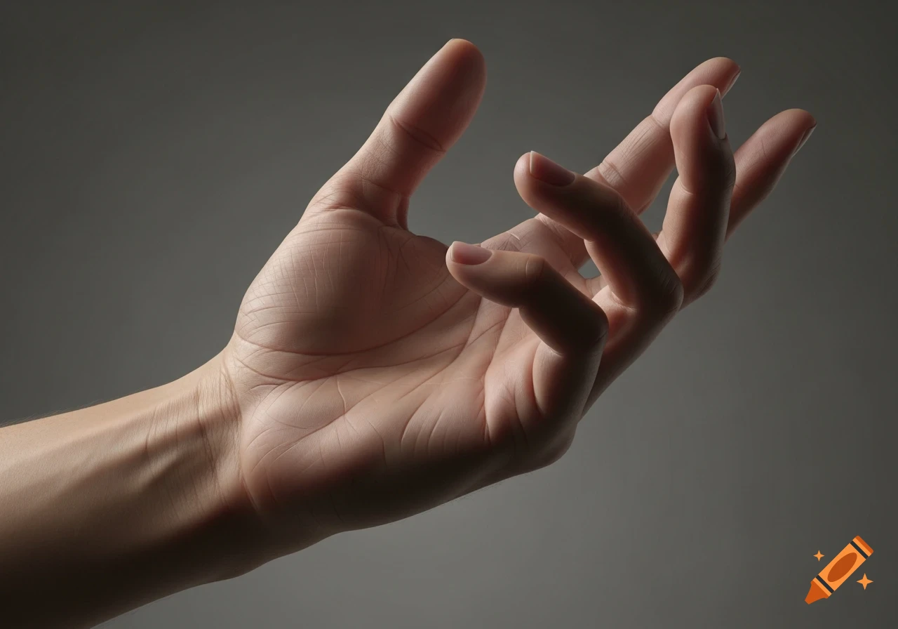 A photorealistic close-up of a human hand with fingers partially curled, against a dark background.