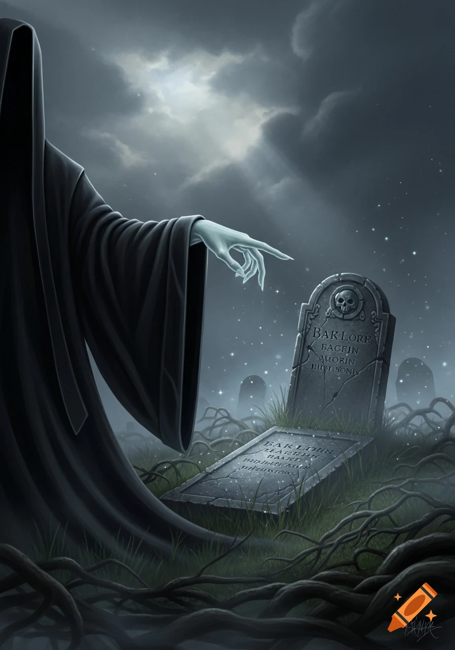 A ghostly hand in a black robe points at a tombstone in a misty graveyard under a cloudy night sky.