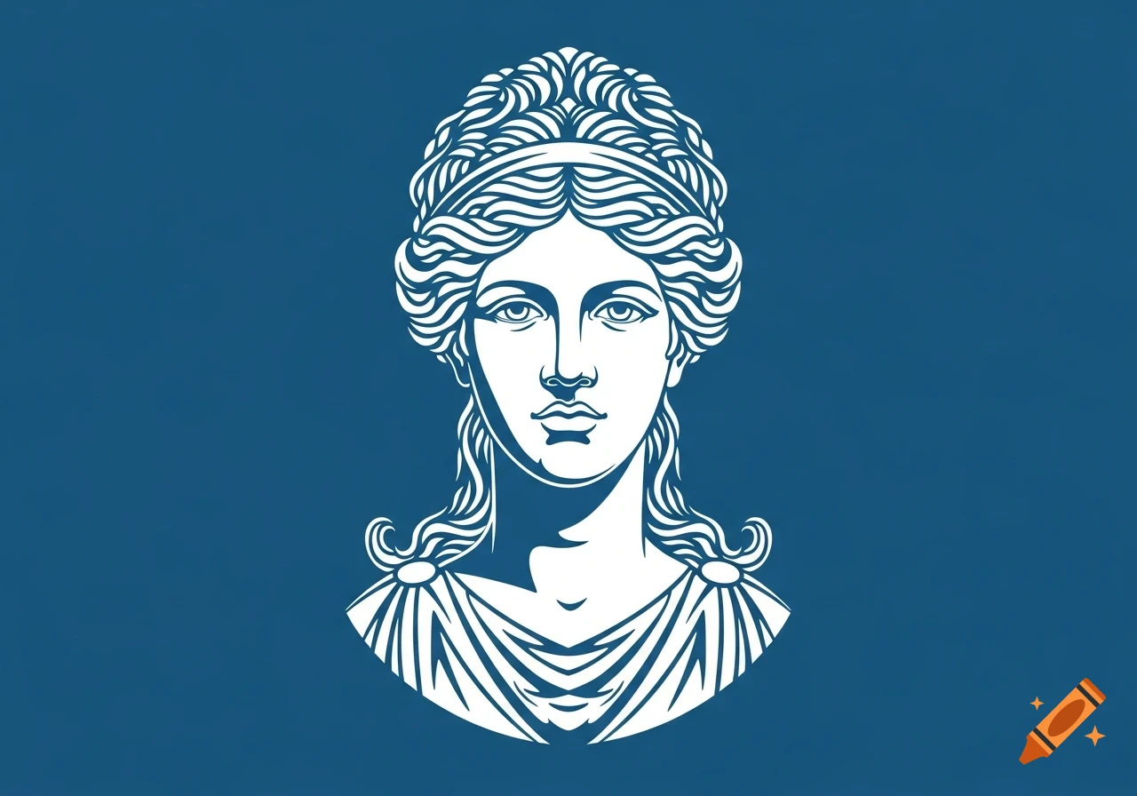 White line art bust of a classical female figure with intricate hair and drapery on a deep blue background.