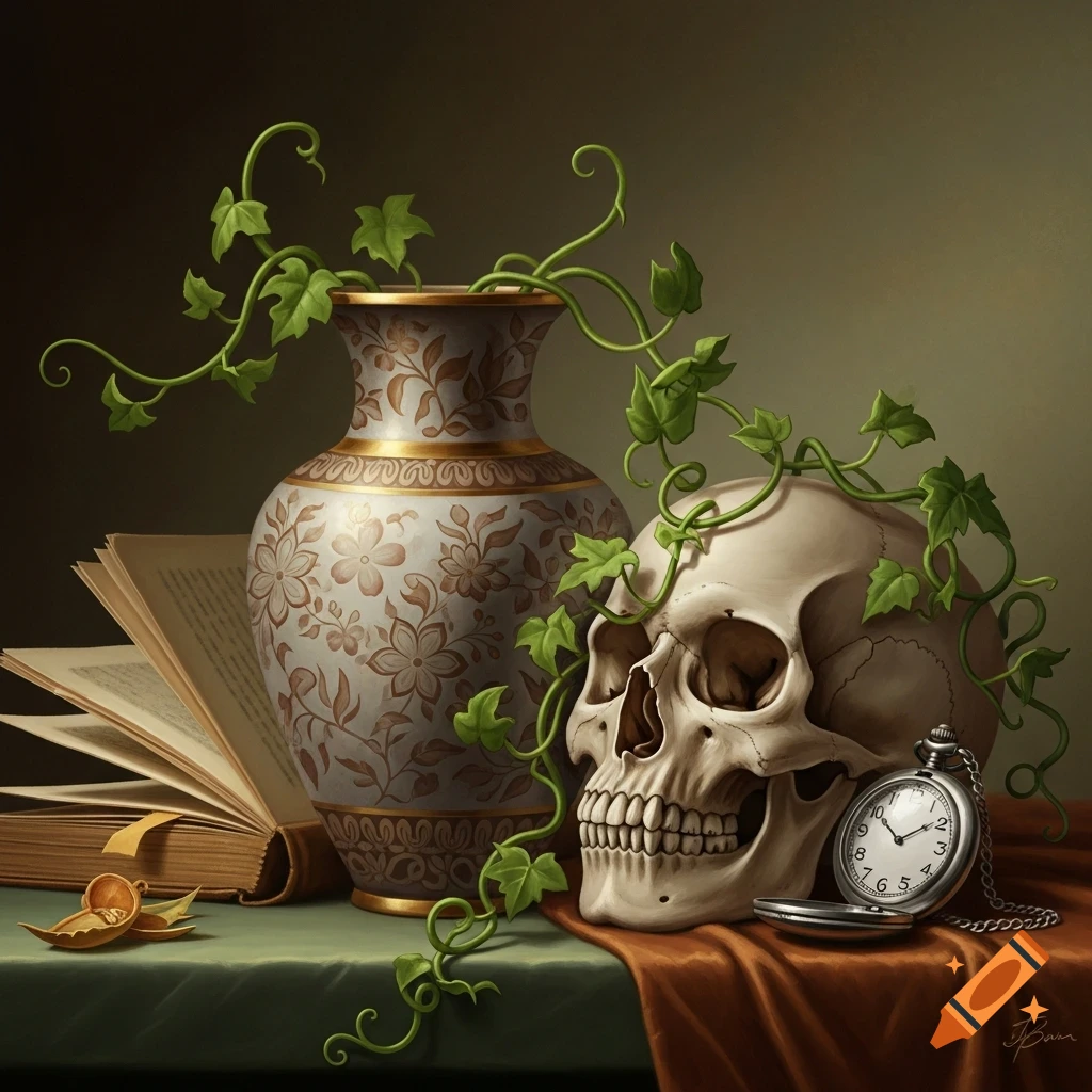 A classical still life painting featuring a skull with ivy, a decorative vase, an open book, and a pocket watch on a draped table.