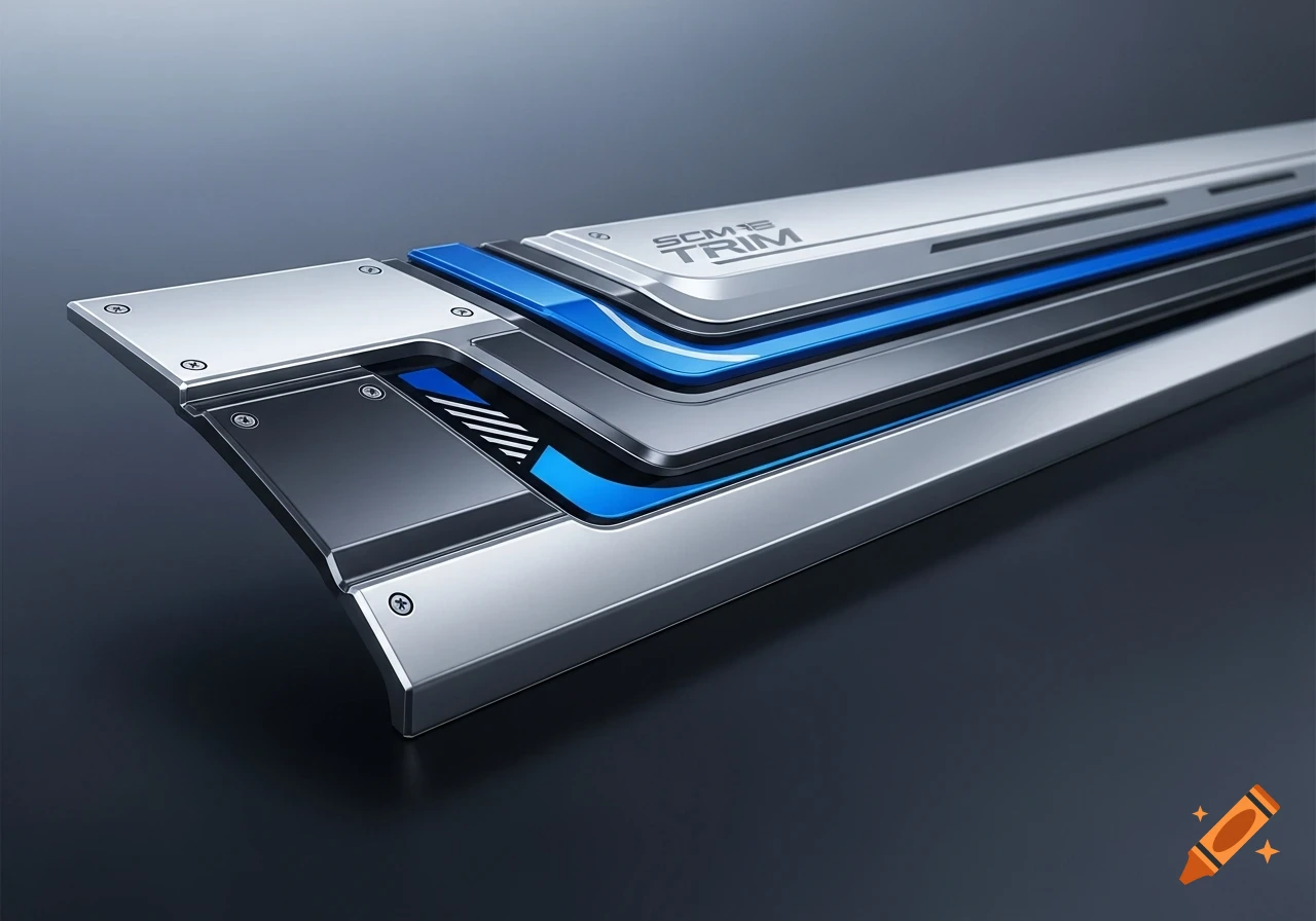 A close-up of a sleek, futuristic metallic trim piece with blue glowing accents and the text 'SCM 1B TRIM' on a dark background.