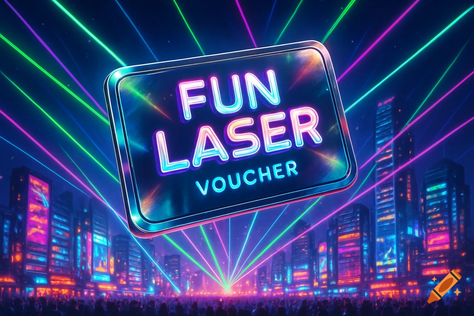 A bright neon sign reading 'FUN LASER VOUCHER' floats above a futuristic cityscape with colorful laser beams and a large crowd.