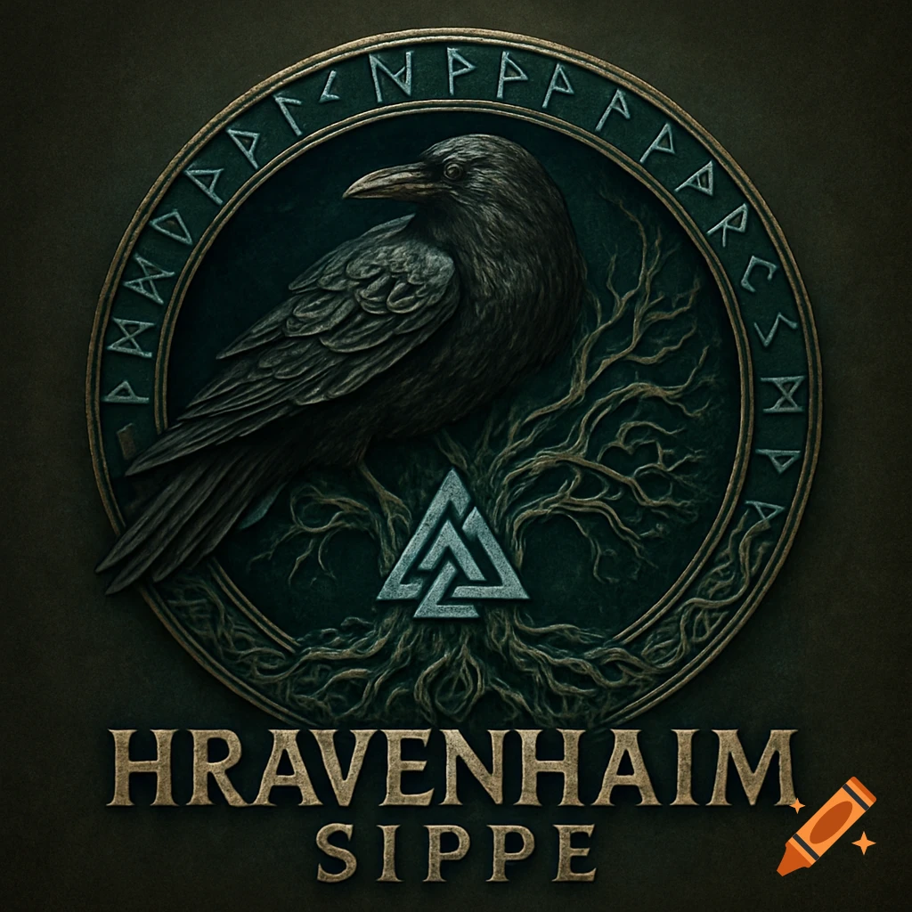 A dark, stylized round emblem in Norse Viking style, featuring a raven perched on intertwined tree roots, a Valknut symbol, and runic text around the border. Below the emblem, the words HRAVENHAIM SIPPE appear.