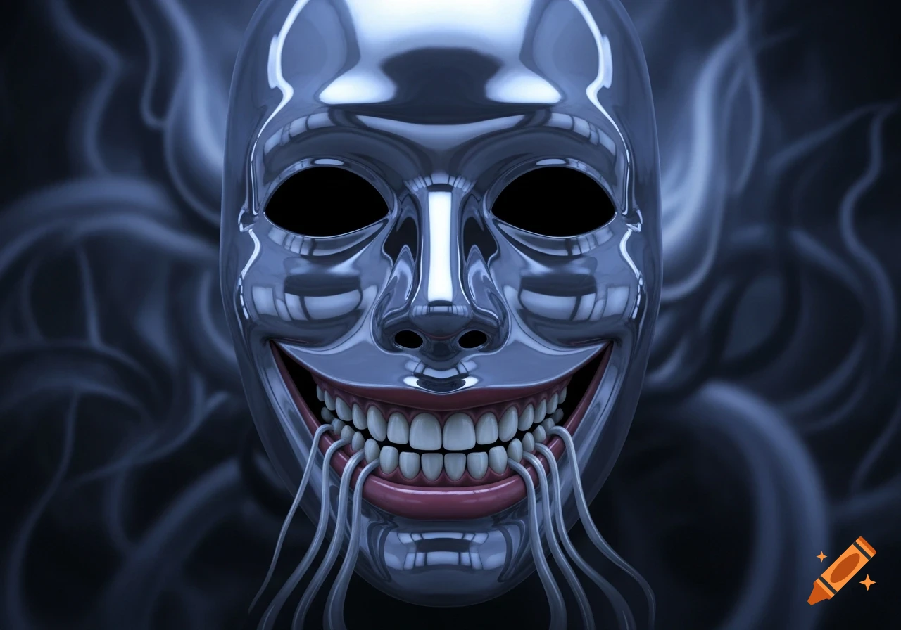 A shiny silver mask with hollow eyes, a wide grin full of teeth, and wires emerging from its mouth, against a dark smoky background.