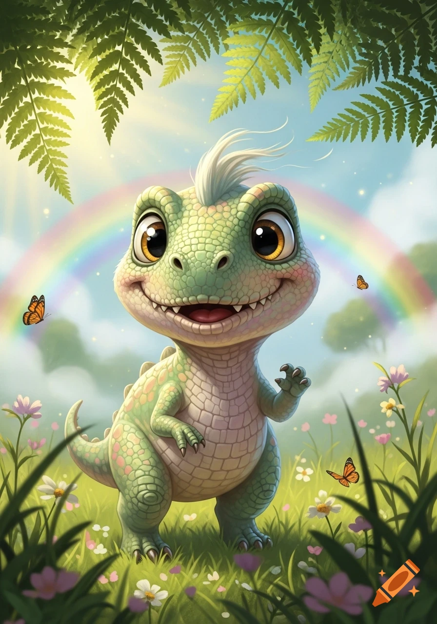 A cute, happy cartoon dinosaur with big eyes and a spiky hairdo stands smiling in a field of flowers under a rainbow and fern leaves.