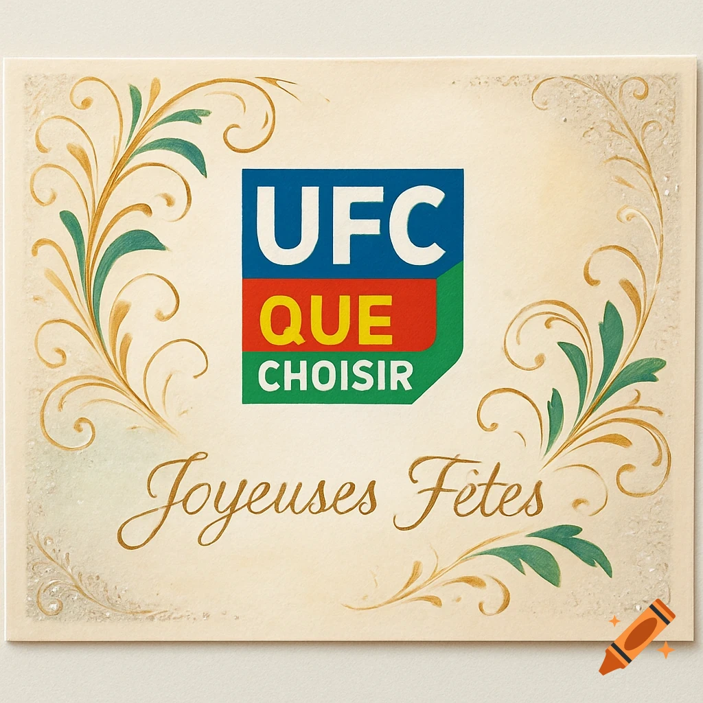 A cream-colored greeting card with an ornate gold and green border, featuring the 'UFC Que Choisir' logo and the text 'Joyeuses Fêtes'.