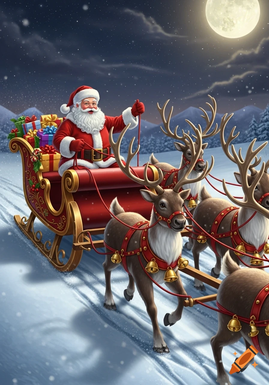 Santa Claus in his sleigh pulled by a team of reindeer through a snowy night, with a full moon overhead and gifts piled in the sleigh.