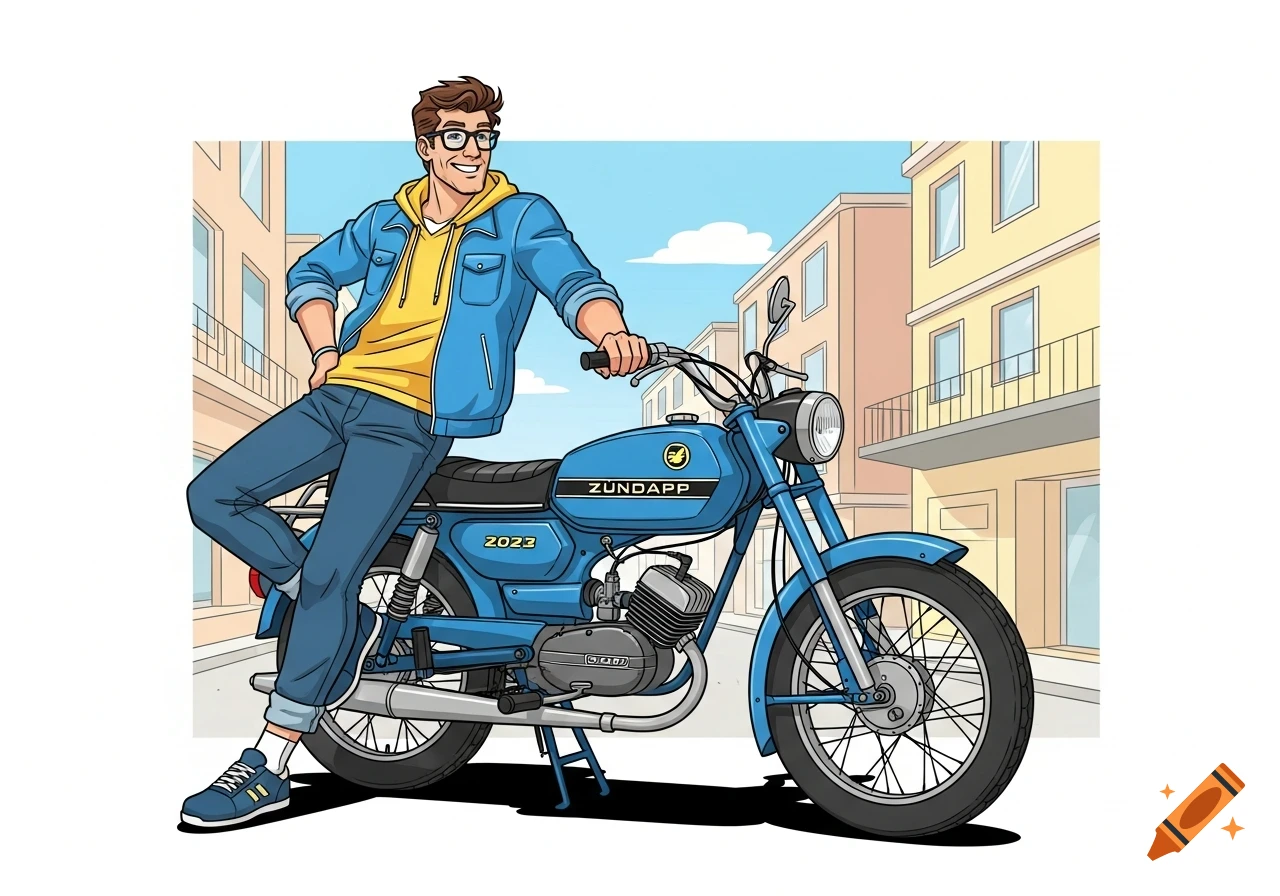 A smiling man in a blue jacket and yellow hoodie leans on a blue Zündapp motorcycle on a city street, in comic art style.