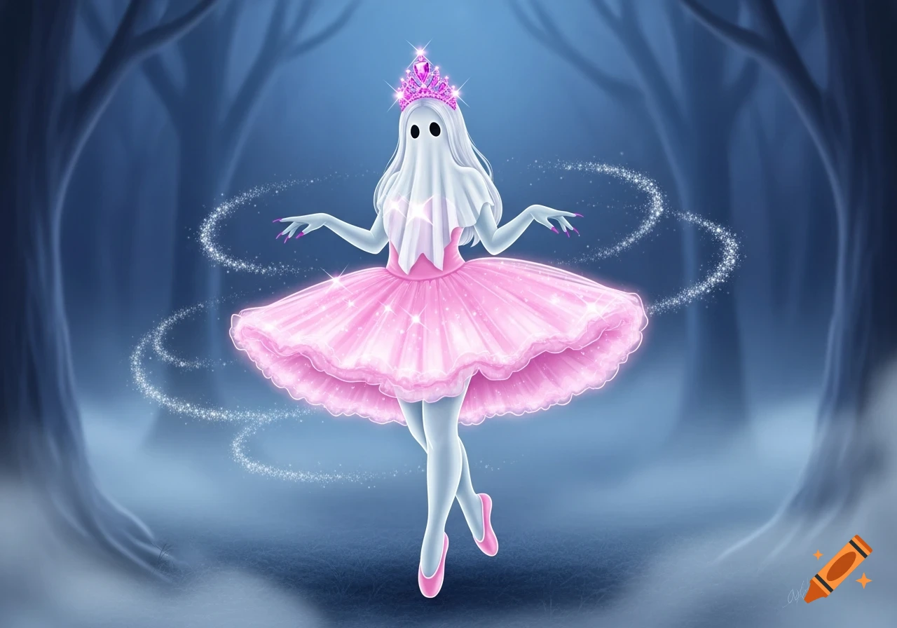 An illustration of a cute white ghost wearing a pink tutu, a sparkling pink crown, and ballet shoes, with pink manicured nails, standing in a misty forest with magical sparkles.