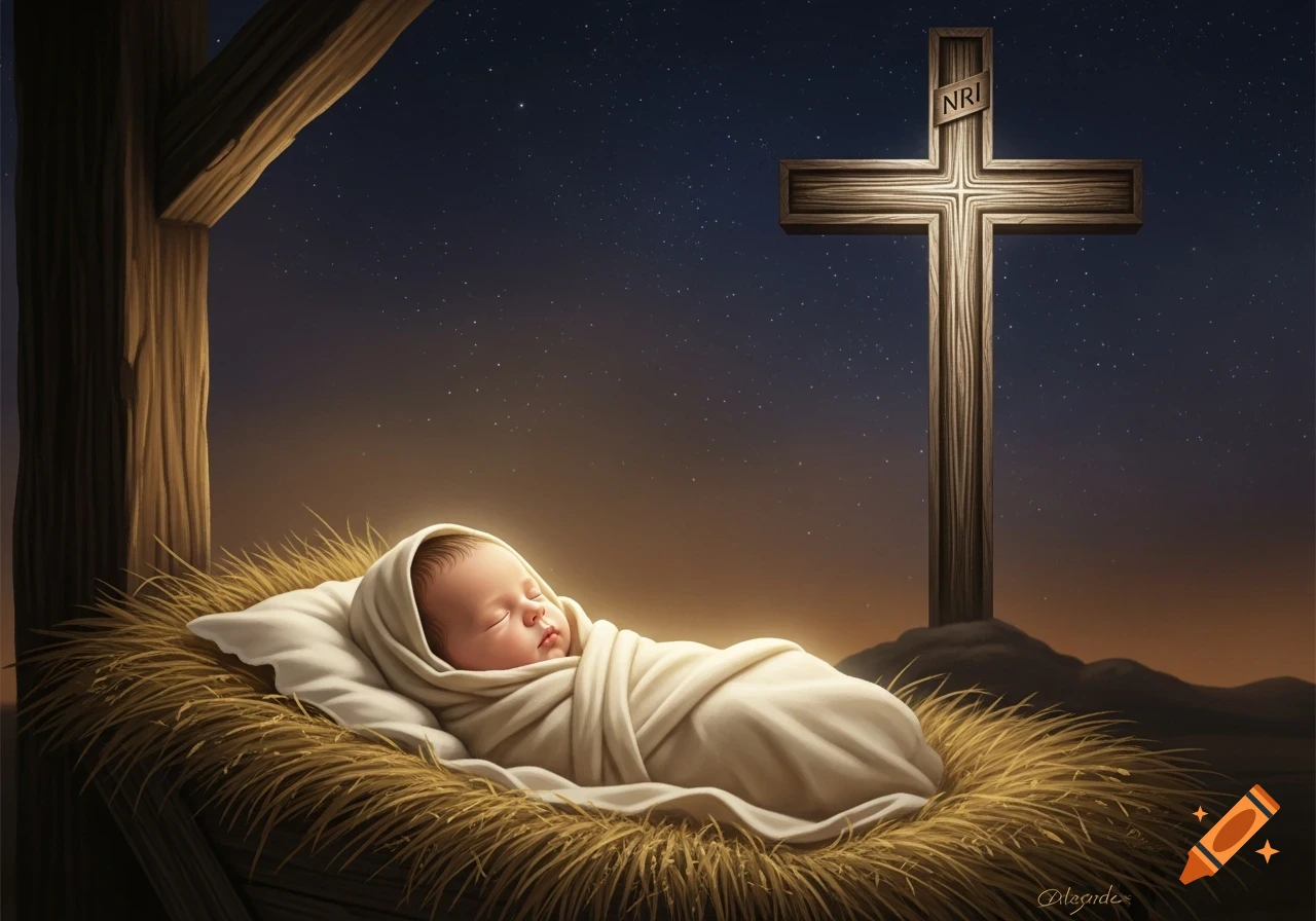 A sleeping baby in a hay-filled manger, wrapped in white cloth, with a large wooden cross against a starry night sky.